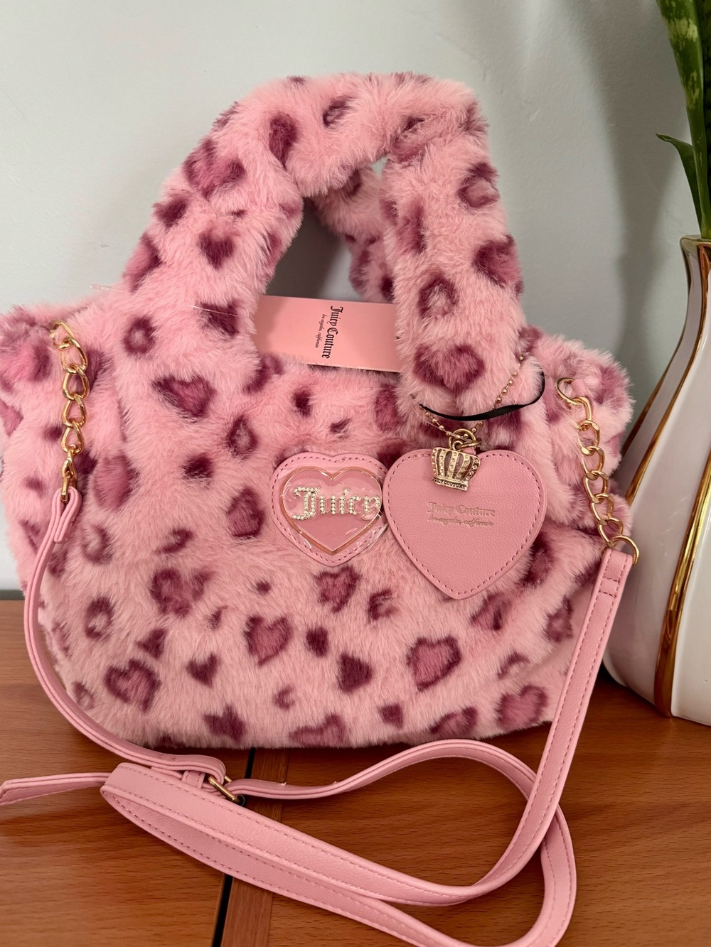 Juicy Couture Pink Warm Up Leopard Print Mini Tote Heart Crown Charm, NEW